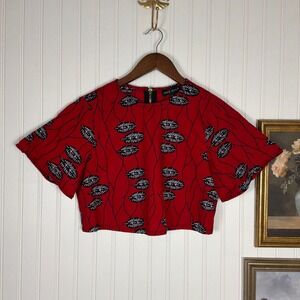Mae Otti Crop Top Womens Small Red Excellent Leaf Print Cotton Zip Back